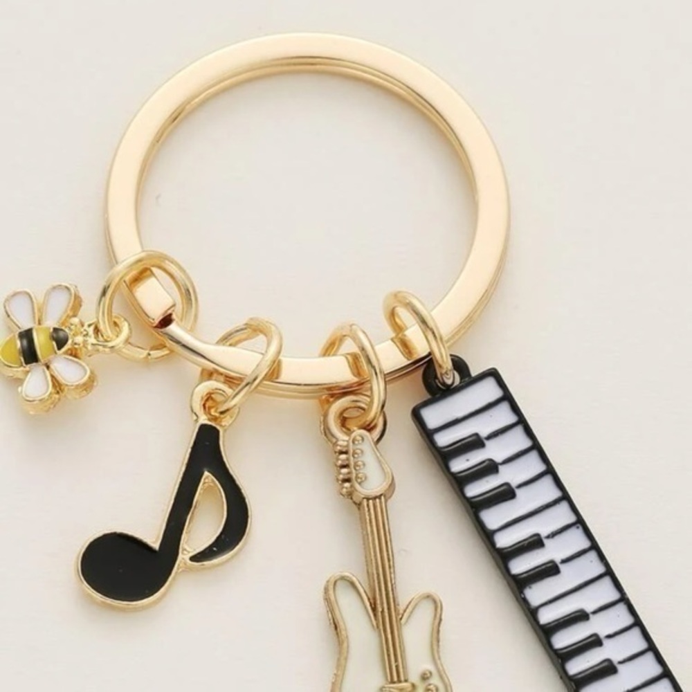 Bee Music Note Guitar Keyboard Charm Keychain Golden - Picture 4 of 5